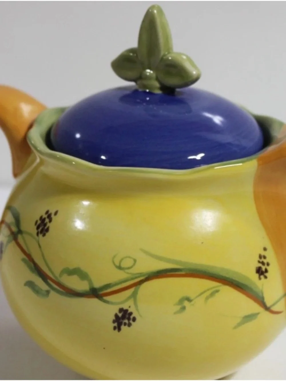 Pfaltzgraff Yellow Ceramic Lidded Jar with Blue Lid and Green Finial